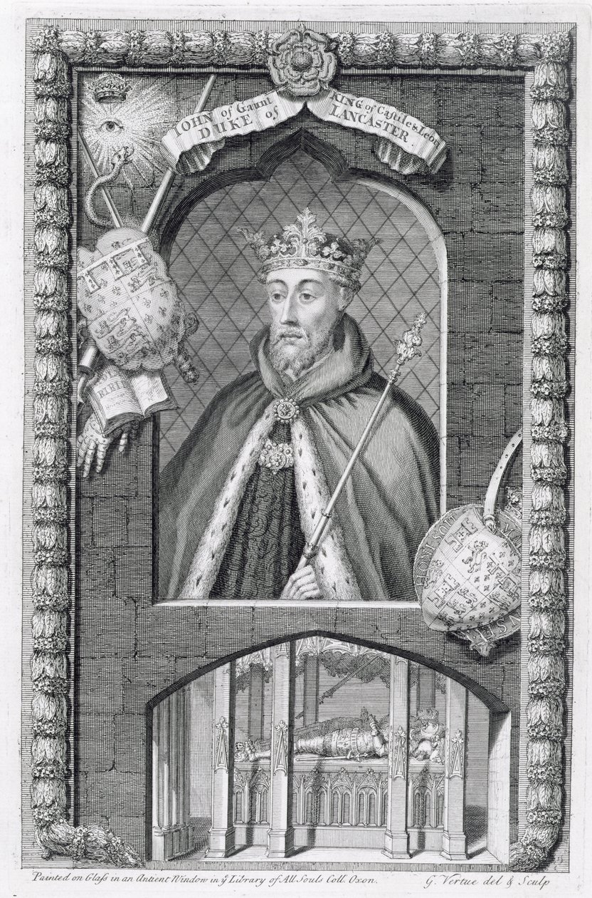 John of Gaunt, Lancaster hercege (1340-99) az oxfordi Library of All Souls College üvegre festett festménye után, amelyet a művész metszett alkotó: George Vertue