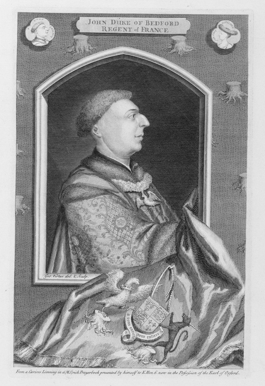 Lancaster János, Bedford hercege (1389-1435) egy imakönyvben lévő portré után, amelyet a művész metszett alkotó: George Vertue