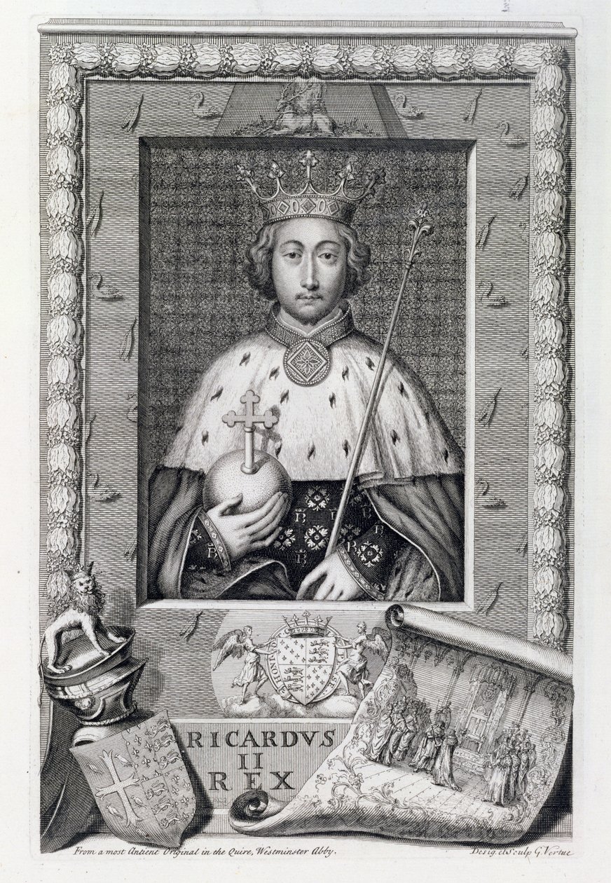 II. Richard (1367-1400) Anglia királya 1377-99, a Westminster Abbey-ben készült festmény után, amelyet a művész metszett alkotó: George Vertue