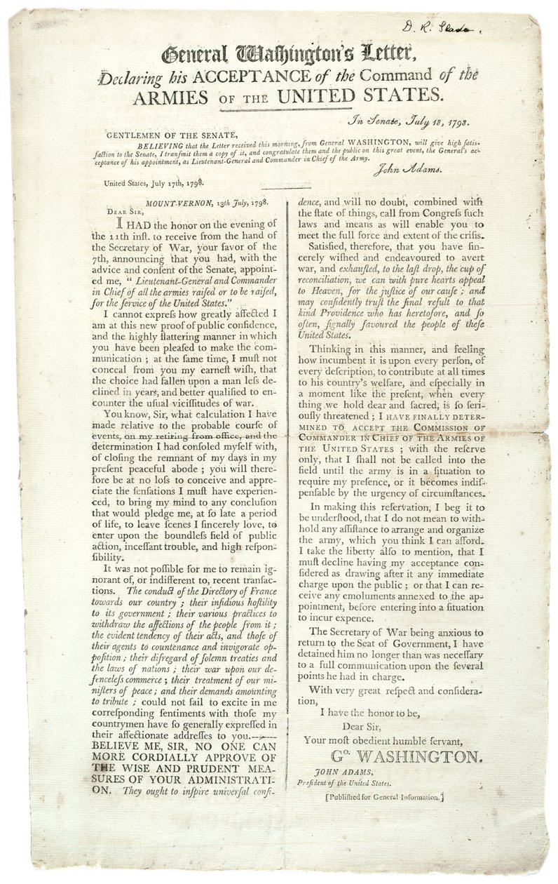 Washington tábornok levele, amelyben kijelenti, hogy elfogadja a parancsot, 1798. július 18-án alkotó: George Washington