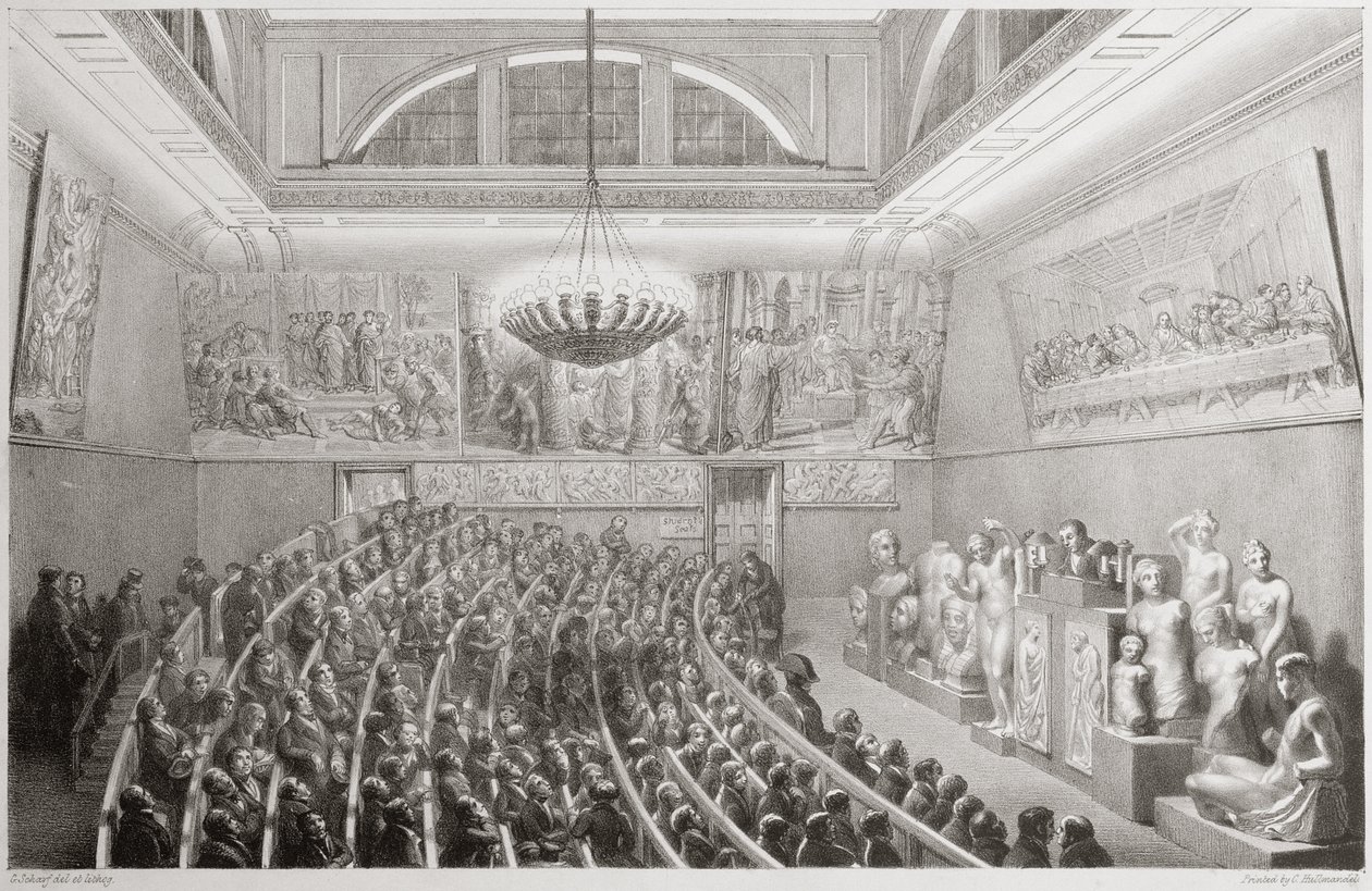 Sir Richard Westmacott (1775-1856) előadást tart a szobrászatról a Királyi Művészeti Akadémián, Somerset House 1830-ban, 1830-ban alkotó: George the Elder Scharf