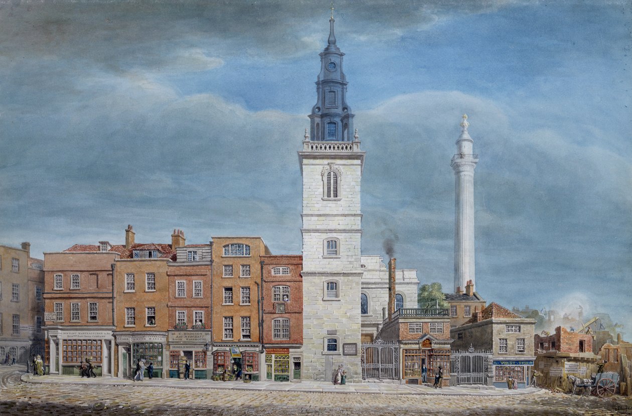 Kilátás a St. Michael Churchre, a Crooked Lane, London, Christopher Wren tervei alapján, a New London Bridge bontása közben, 1830 körül alkotó: George the Elder Scharf