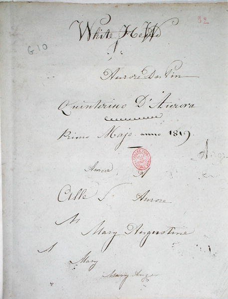 „White Hew”, Aurore Dupin jegyzetfüzetkéziratának címlapja az ő aláírásával, 1819. május (toll és tinta papíron) alkotó: George Sand