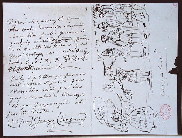 Fonds Lovenjoul E858 Ms 937 1,219 George Sand (1804-76) levele Francois Buloznak, a „Revue des Deux Mondes” szerkesztőjének, amelyben fizetést kér, valamint egy rajzfilmet az írónőtől, amelyen hitelezőkkel körülvéve látható. alkotó: George Sand