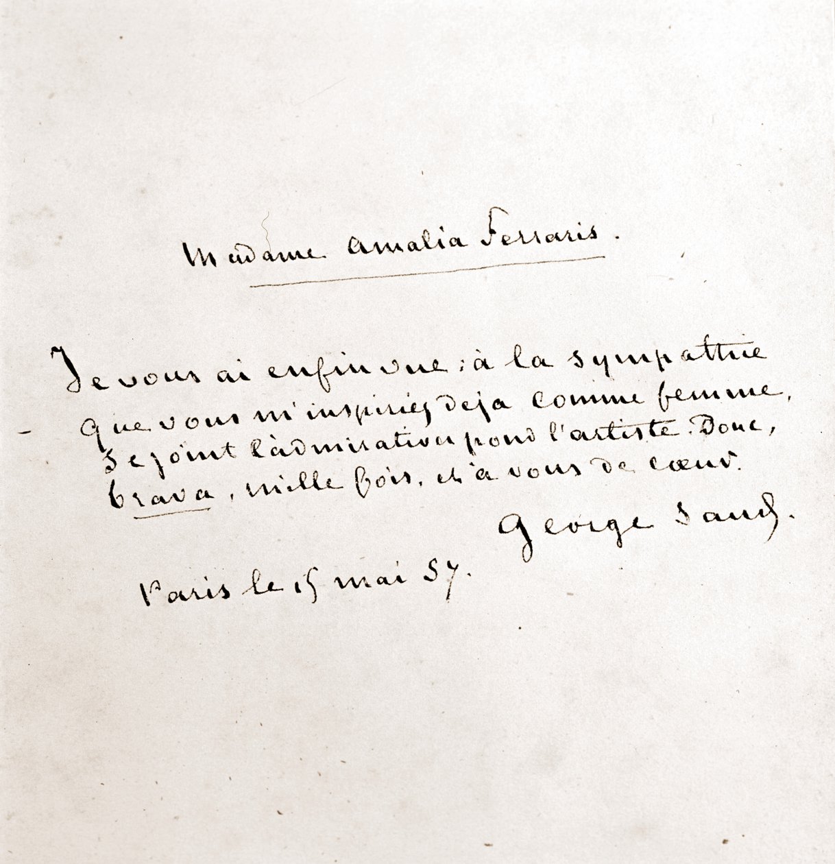 George Sand (Aurore Dupin, Baronne Dudevant) (1804-1876) levele Madame Amalia Ferrarisnak, Párizs március 19. alkotó: George Sand