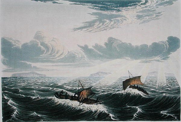 Kenu a szélviharban, napkeltekor, 1821. augusztus 23-án, Sir John Franklin (1786-1847) „Narrative of Journey to the Shores of the Polar Sea in the Years 1819-22” című művéből, amelyet Edward Finden vésett ( 1791-1857) megjelent 1823-28 (színes metszet) alkotó: George (after) Back