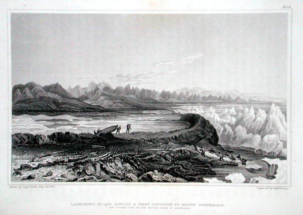 Csónakok vízre bocsátása a Conybeare-hegygel szemközti zátonyon Sir John Franklin (1786-1847) „Narrative of Journey to the Shores of the Polar Sea in the Years 1819-22” című művéből, amelyet Edward Finden (1791-1857) vésett, 1823-ban jelent meg. -28 (színe alkotó: George (after) Back