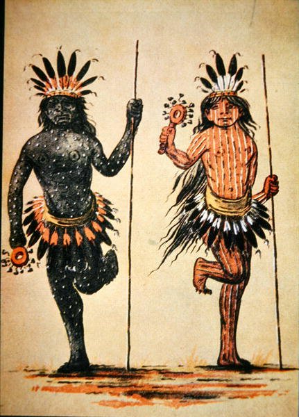 Mandan törzsi tánc a "nappal" és az "éjszaka" ábrázolásával, egy 1835 körüli festményről (színes litográfia). alkotó: George (after) Catlin