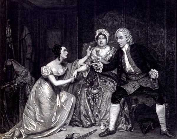 Mr Blanchard, Mrs. Davenport és Miss M. Tree, mint Peachum, Mrs. Peachum és Polly a „Koldusoperában”, Conrad Cooke metszetében, pub. 1825 (metszet) alkotó: George (after) Clint