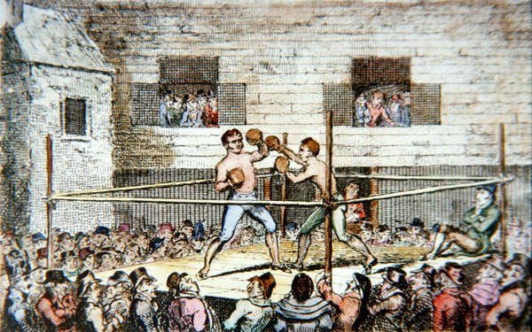 Egy 1812-ben megjelent nyomtatványból (színes litó) egy párharc a londoni ötöspályán alkotó: George (after) Cruikshank