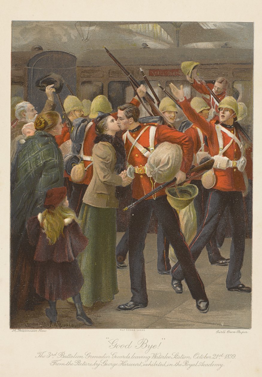 Viszontlátásra! A 3. zászlóalj gránátos gárdája elhagyja a Waterloo állomást, 1899. október 21. (chromolitho) alkotó: George (after) Harcourt