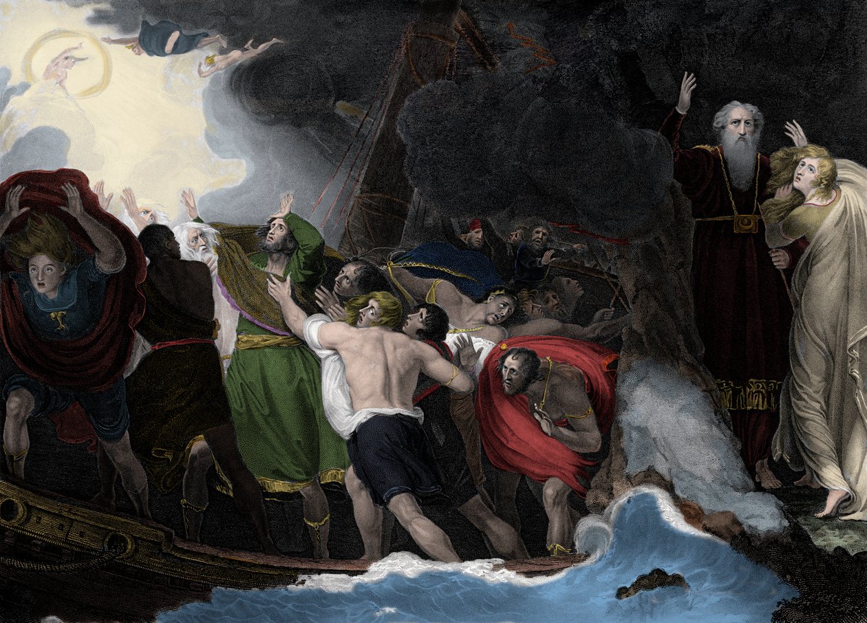 Prospero és Miranda, jobbra, a szigeten állnak, miközben a tengerészek hajótörést szenvednek alkotó: George (after) Romney