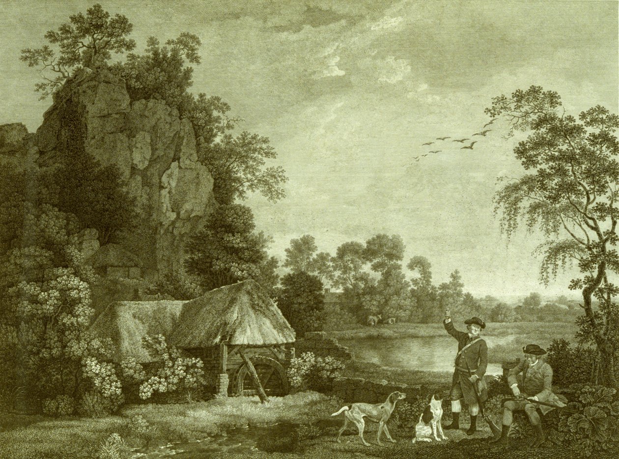 Két úriember lövöldözésre indul, kilátással Creswell Crags-re, a helyszínen készült, 1. tábla (metszet) alkotó: George (after) Stubbs