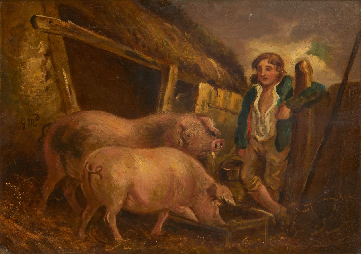 A nyereménydisznók gondozása (olaj a fedélzeten) alkotó: George (follower of) Morland