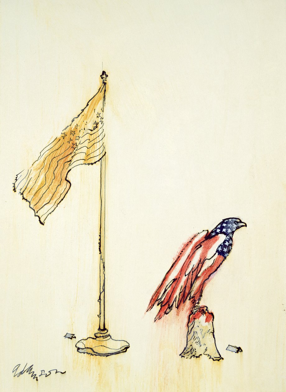 Az American Eagle megszerezte az amerikai zászló színét, 1985 (toll és színes mosás a fedélzeten) alkotó: George Adamson