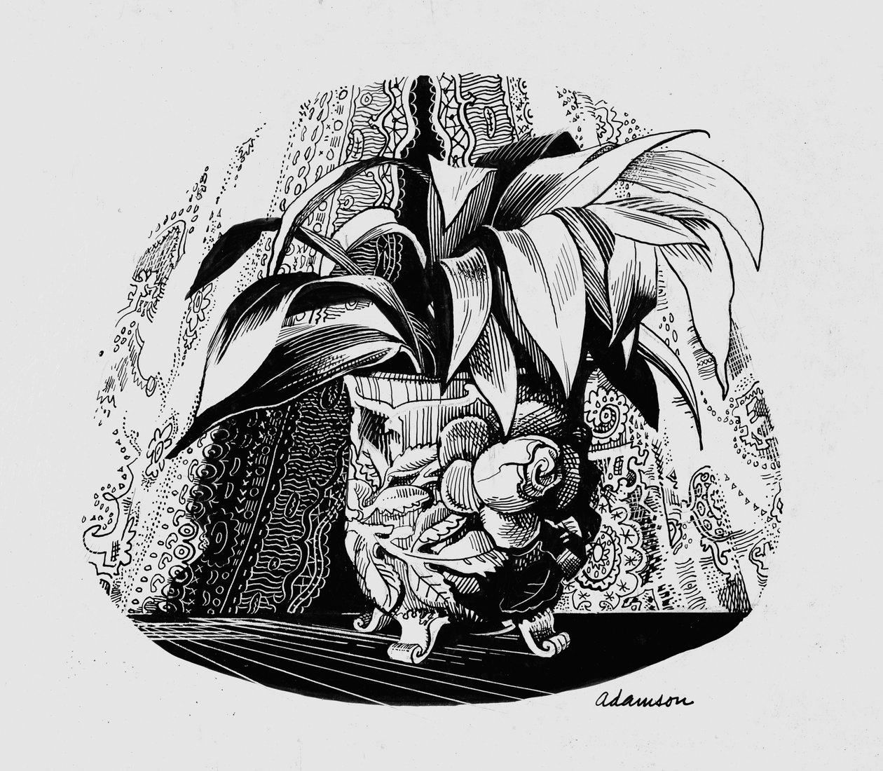Aspidistra in a Bowl, 1950-es évek (indiai tinta a kaparótáblán) alkotó: George Adamson