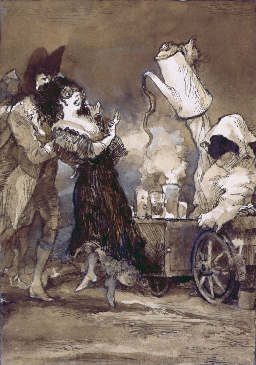 Cafe con leche caliente (Goya nyomán) (gouache gesso festett táblán) alkotó: George Adamson
