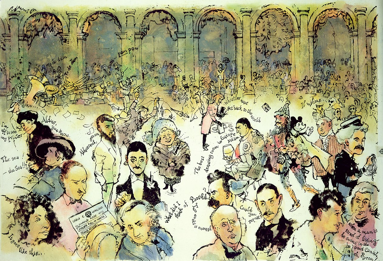 Híres arcok Florianuson kívül a Piazza San Marco-n, Velence, 1990 körül (gouache, farostlemez, tintával acetát fedőrétegen) alkotó: George Adamson