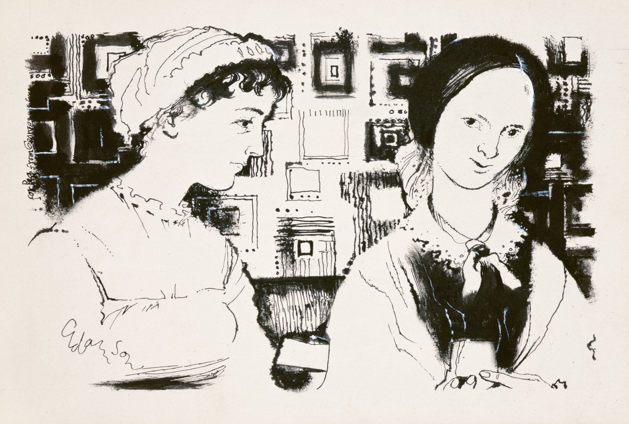Jane Austen (1775-1817) és Charlotte Bronte (1816-55) – képzeletbeli találkozás (indiai tinta a fedélzeten) alkotó: George Adamson