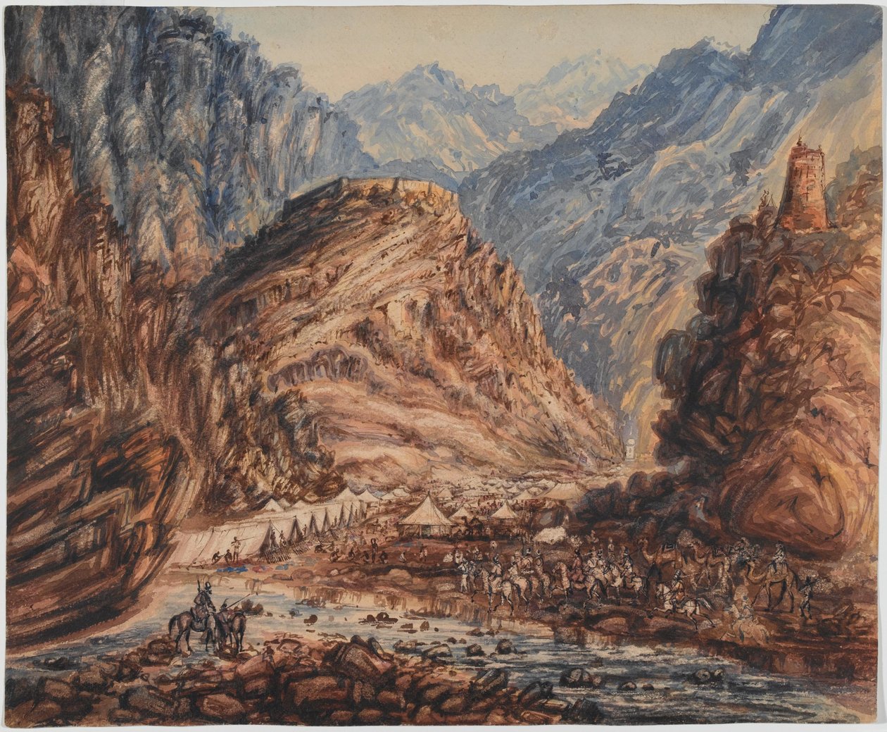 Ali Musjeed erőd, Pollock vezérőrnagy haderejének 4. dandárának Khyber-hágótábora, 1842. április (akvarell) alkotó: George Alfred Croly