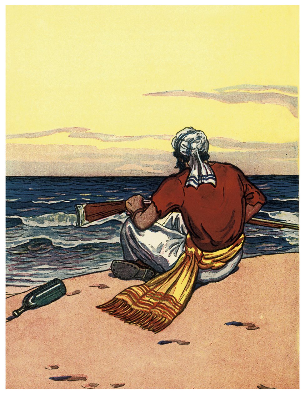 Egy elhagyatott szigeten elhagyó kalóz a horizontot nézi Illusztráció a „The Boys Books of Pirates” című művéből, George Albert Williams (1875-1932) 1914 alkotó: George Alfred Williams