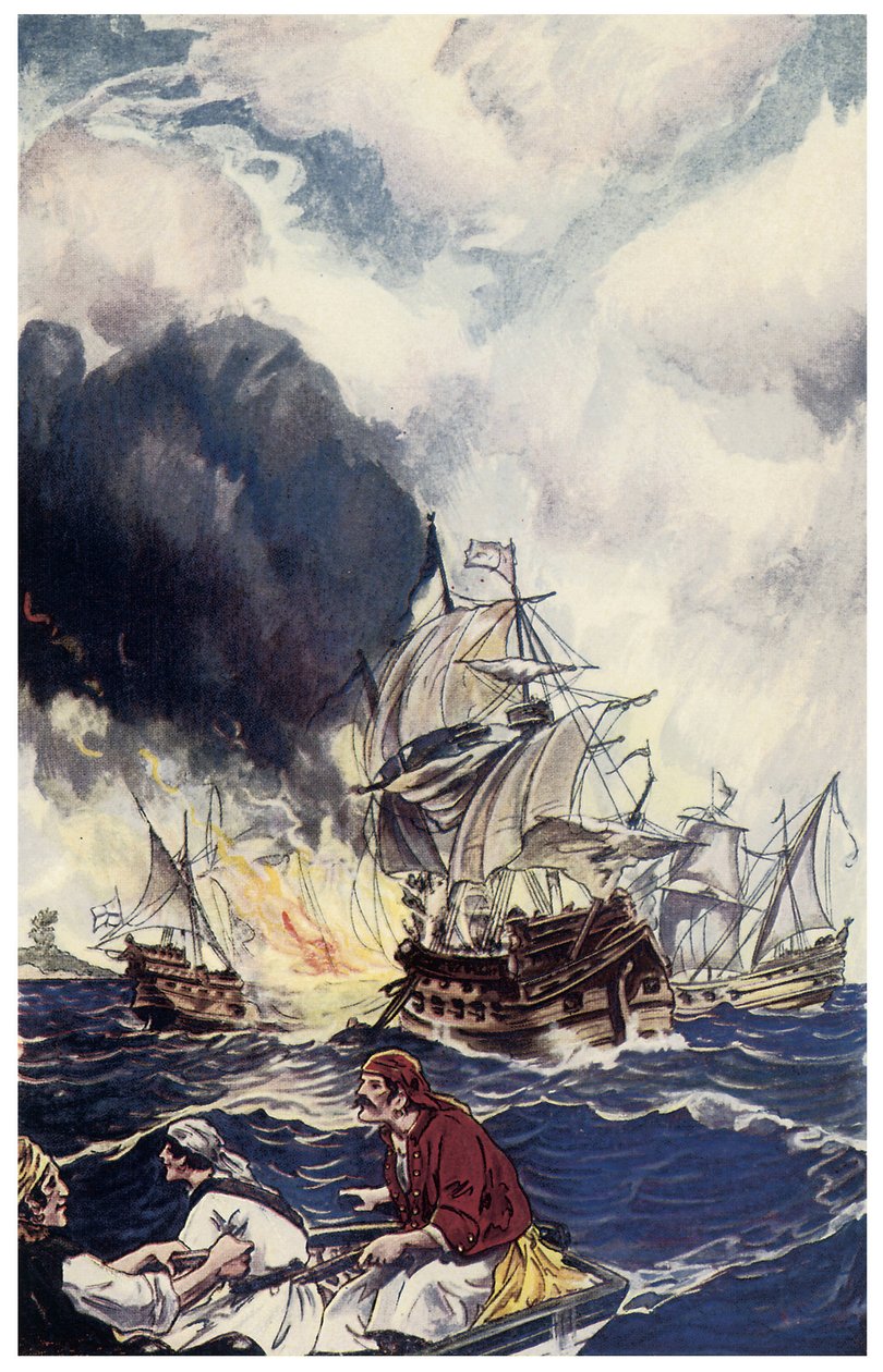 Brulot-töltet robbanóanyaggal hajót dobott Illusztráció a „Panama kalózai vagy Amerika Buccaneers” című filmjéből, George Albert Williams (1875-1932) 1914 alkotó: George Alfred Williams
