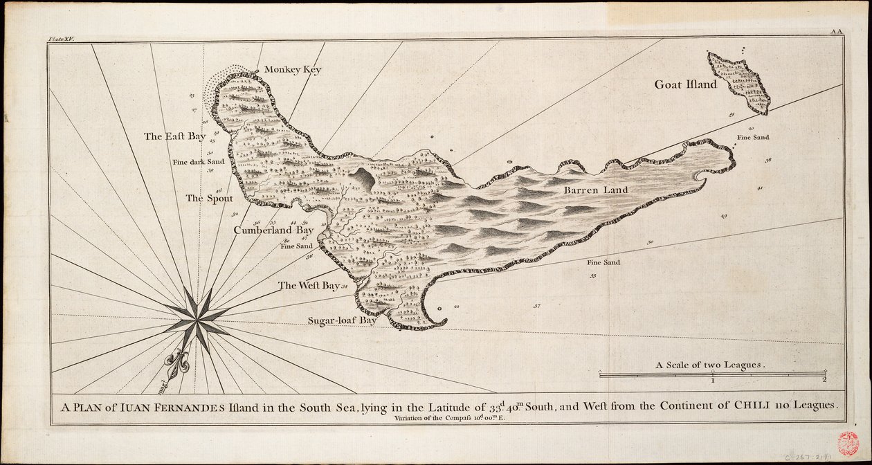 A 33. szélességi fokon fekvő déltengeri Iuan Fernandes-sziget alaprajza. 40m. délre, és a chilei kontinenstől 110 mérföldre nyugatra, 1750 körül (metszet). alkotó: George Anson