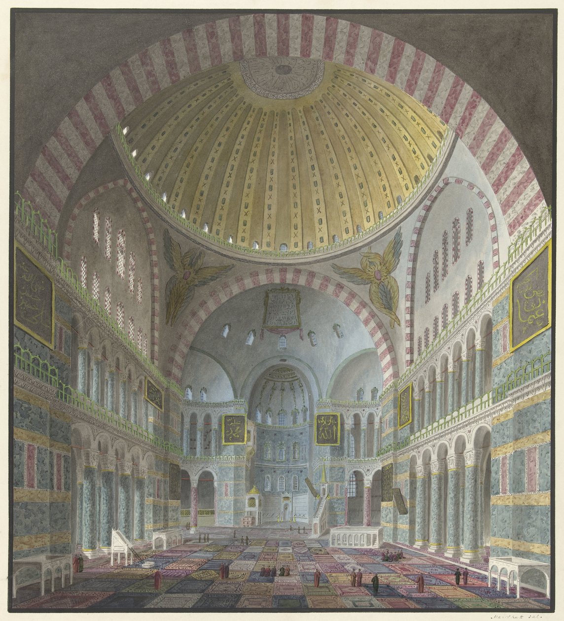 A Hagia Sophia belseje térdelő és álló törökökkel alkotó: George Antoine Prosper Marilhat