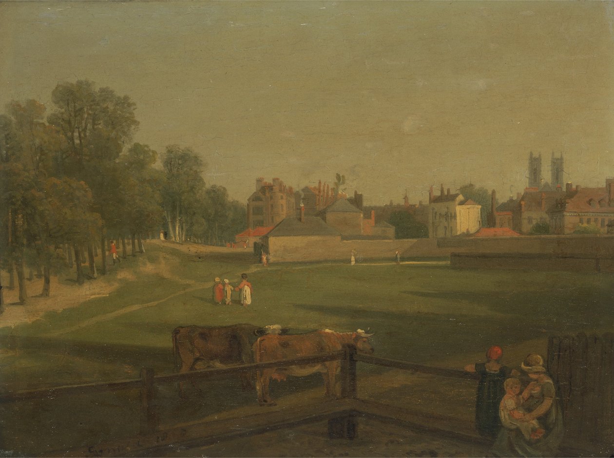 Nyugati nézet Westminster egy részének és a Bird Cage Walk sétányról, a Mill House-ból (olaj, panel) alkotó: George Arnald