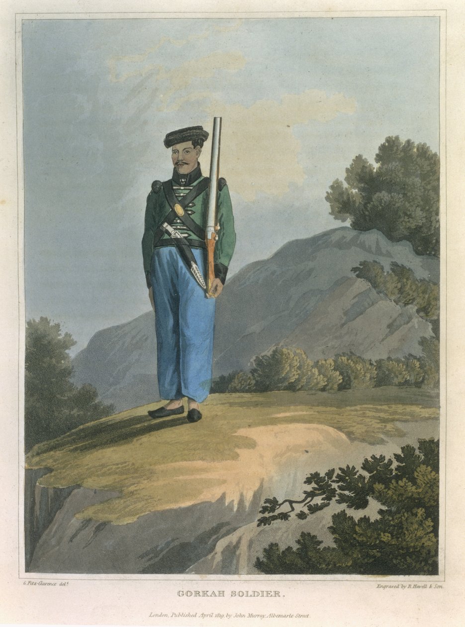 Gorkah Soldier, a Journal of a Route Across India and Through Egypt-ből, R. Havell és fia metszete, pub. Írta: John Murray, 1819 alkotó: George Augustus Fitzclarence
