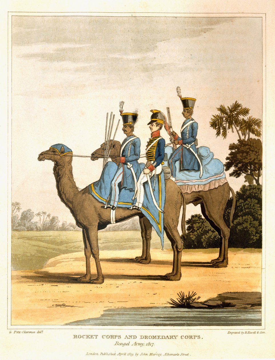 Rakétahadtest és Dromedár Hadtest, Bengáli Hadsereg, 1817, „Journal of a Route Across India and Through Egypt”, vésette R. Havell és fia, pub. Írta: John Murray, 1819 alkotó: George Augustus Fitzclarence
