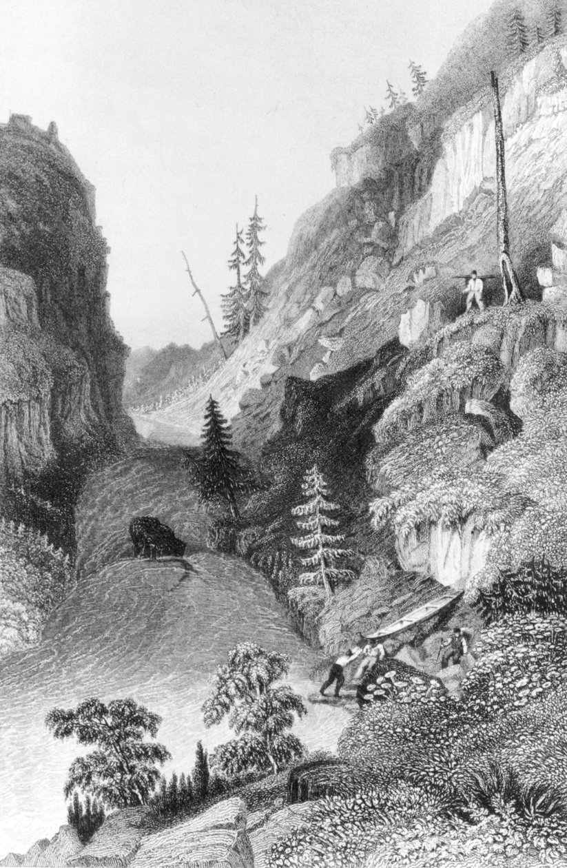 Egy portéka a Hoarfrost Riverben, Edward Finden (1791-1857) által vésett „Az Északi-sarkvidéki expedíció narratívája a Nagy Hal folyó torkolatáig” című művéből, amely 1836-ban jelent meg. alkotó: George Back