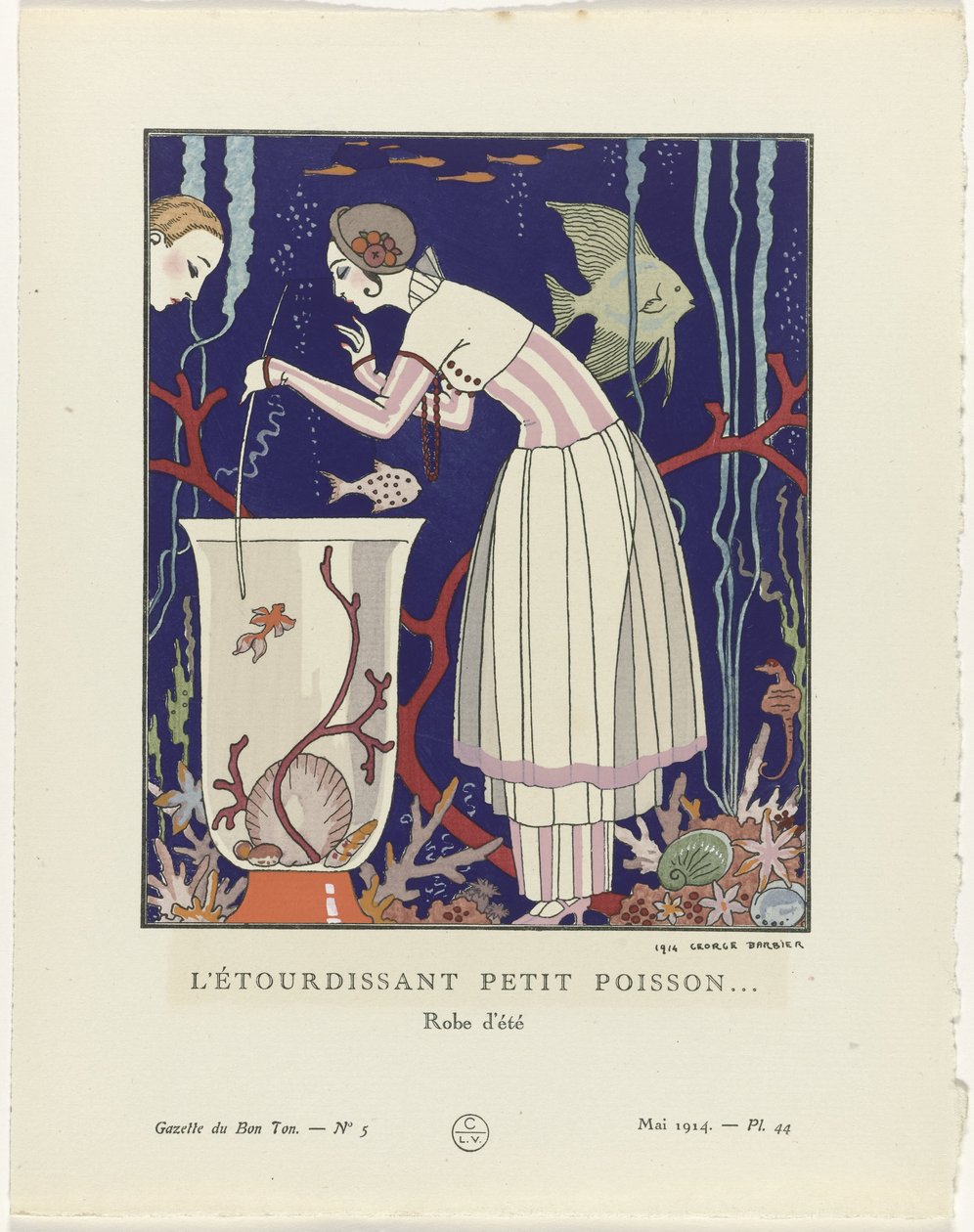 Gazette du Bon Ton, 1914 - No. 5, Pl. 44: A lenyűgöző kis hal (...) / Nyári ruha (cím a tárgyon) alkotó: George Barbier