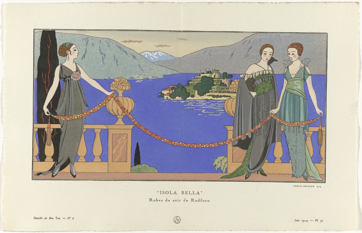 Gazette du Bon Ton, 1914 - No. 6, Pl. 57: Isola Bella/ Redfern estélyi ruhái (cím a tárgyon) alkotó: George Barbier