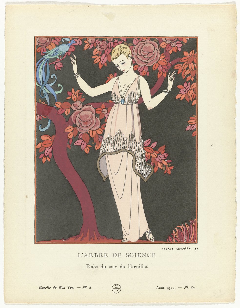 Gazette du Bon Ton 1914, No. 8, Pl. 80: A tudomány fája / Doeuillet estélyi ruhája (cím a tárgyon) alkotó: George Barbier