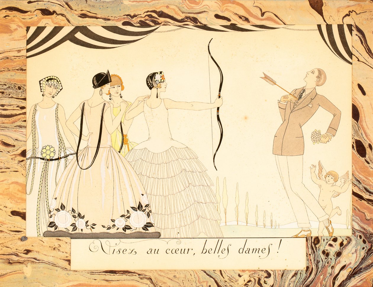 Célozzatok a szívet, kedves hölgyeim! A Le Bonheur du Jour vagy a Les Graces à la Mode, 1924-ből. alkotó: George Barbier