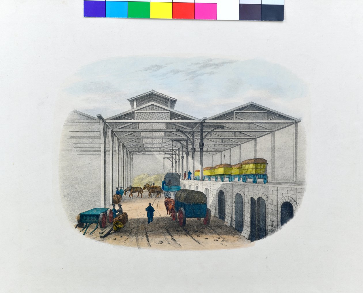 A teherátrakó raktár látképe, 1830 körül (litó, papír) alkotó: George Barnard