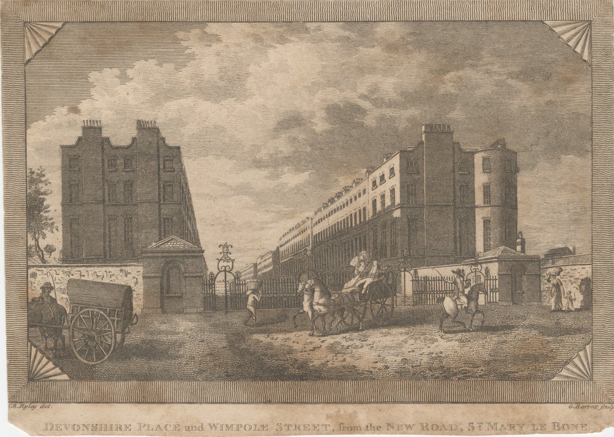 A Devonshire Place és a Wimpole Street a New Roadtól, a St. Mary Le Bone-tól alkotó: George Barret