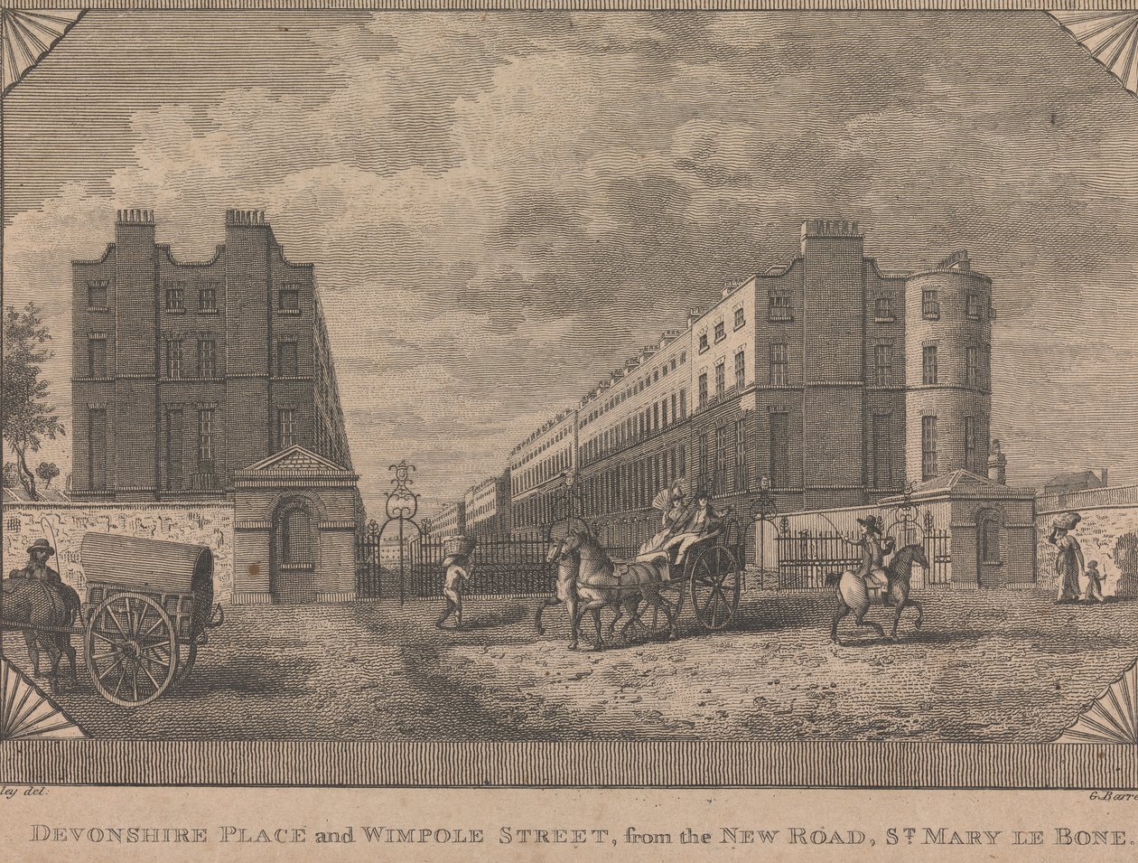 A Devonshire Place és a Wimpole Street a New Roadtól, a St. Mary le Bone-tól alkotó: George Barret