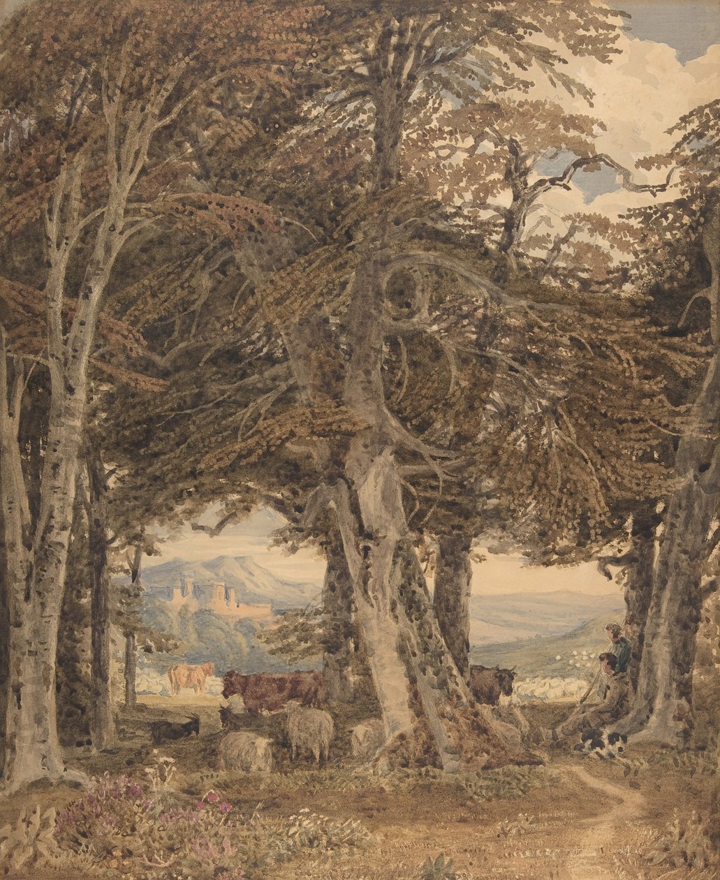 Szarvasmarha és birka pihenőben az erdő szélén, kb. 1840. alkotó: George Barret the Younger