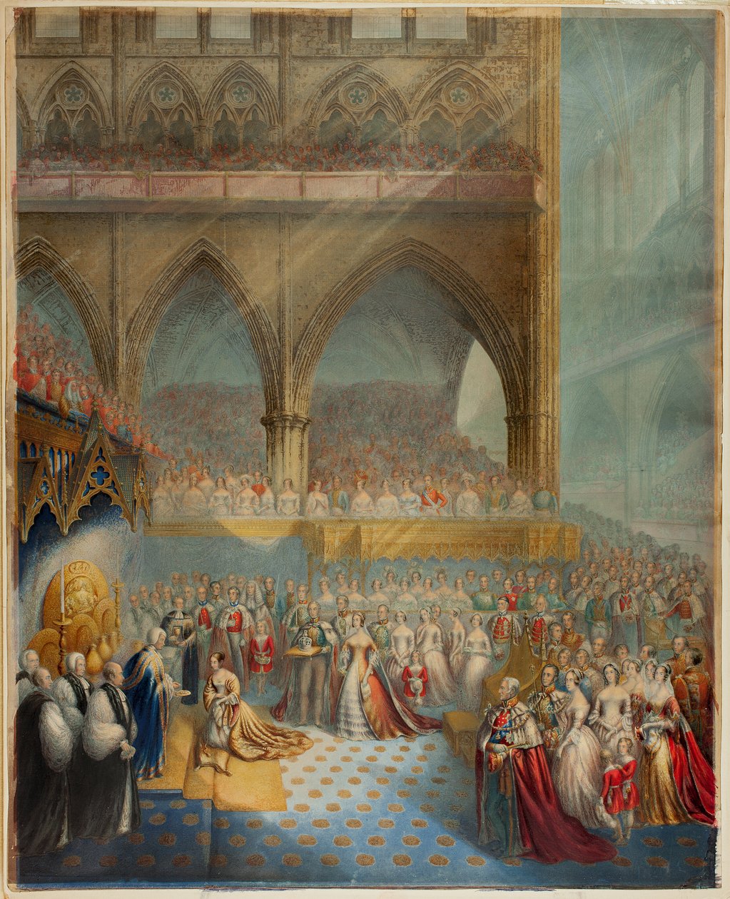 Őfelsége, Viktória királynő, amint koronázásakor a szentséget veszi. alkotó: George Baxter