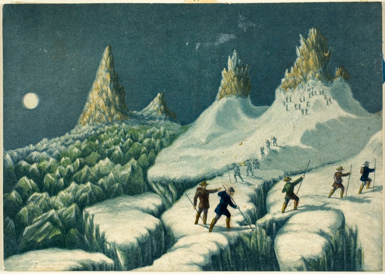 Indulás a Grands Mulets-től, a "Mont Blanc megmászása" című műből alkotó: George Baxter