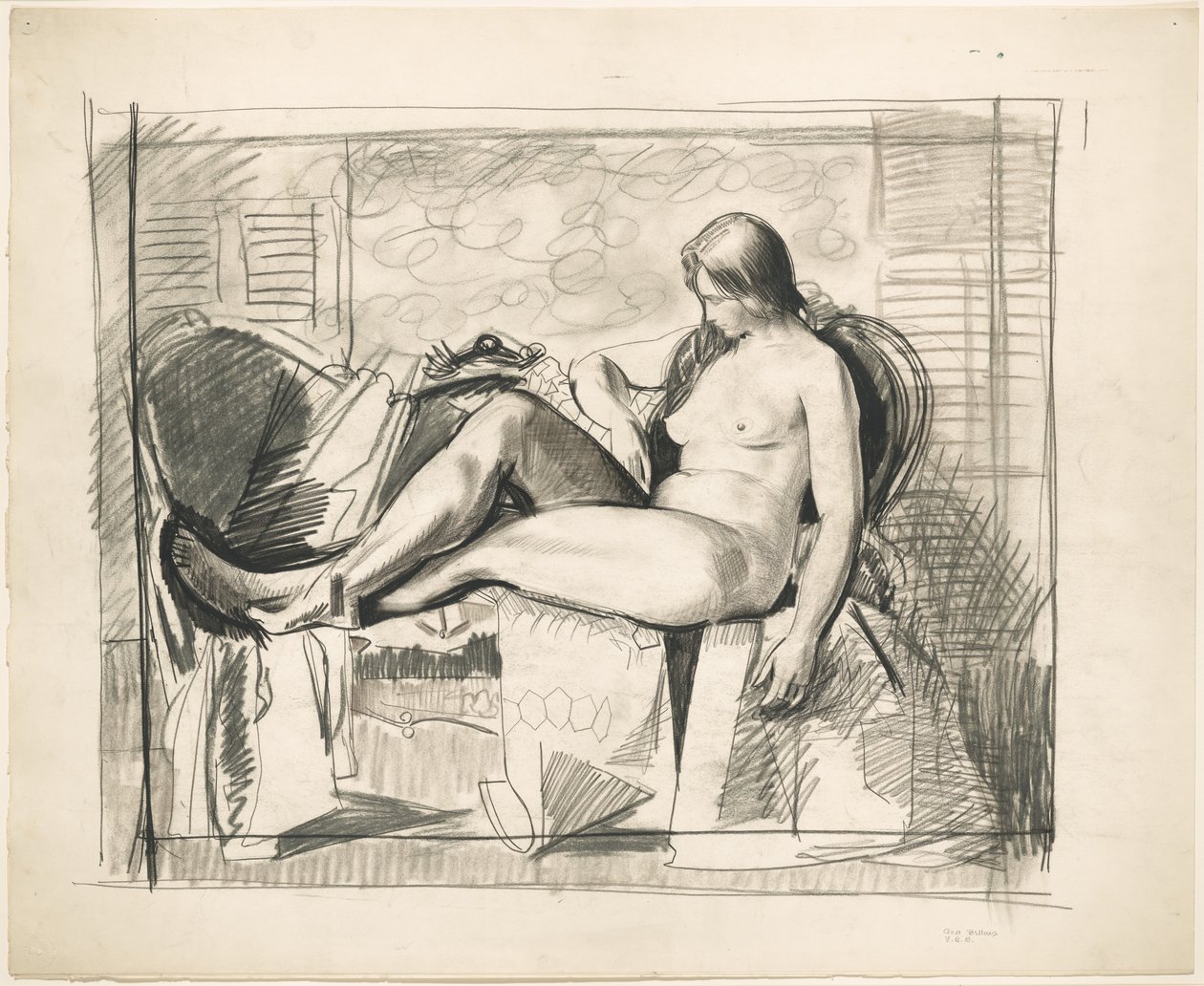 Vázlat a „Meztelen nő hatszögletű paplan mellett” című festményhez alkotó: George Bellows