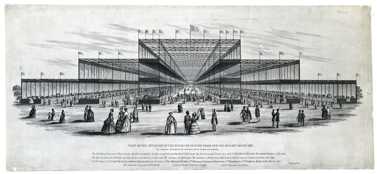 A Hyde Parkban az 1851. évi kiállításra épült épület belső nézete. Az Őfelsége biztosai által végül jóváhagyott formában. alkotó: George Berger