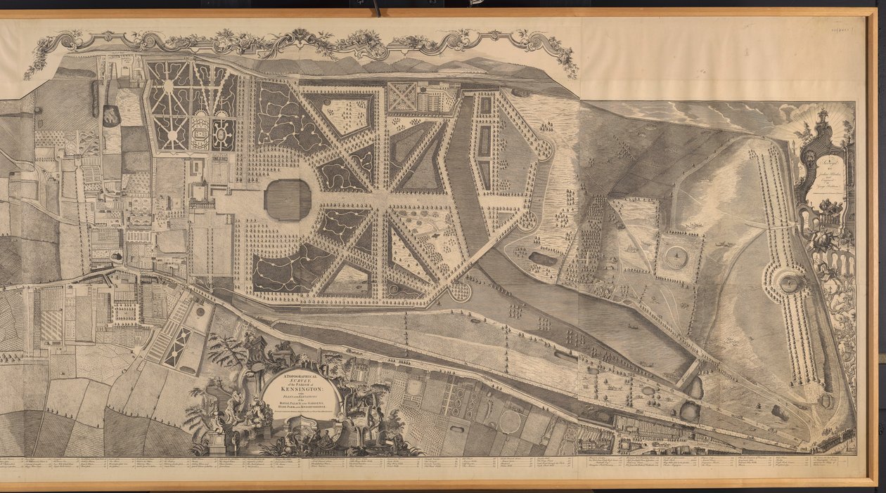 A kensingtoni plébánia topográfiai felmérése a királyi palota és kertek, a Hyde Park és a Knightsbridge terveivel és domborzataival alkotó: George Bickham