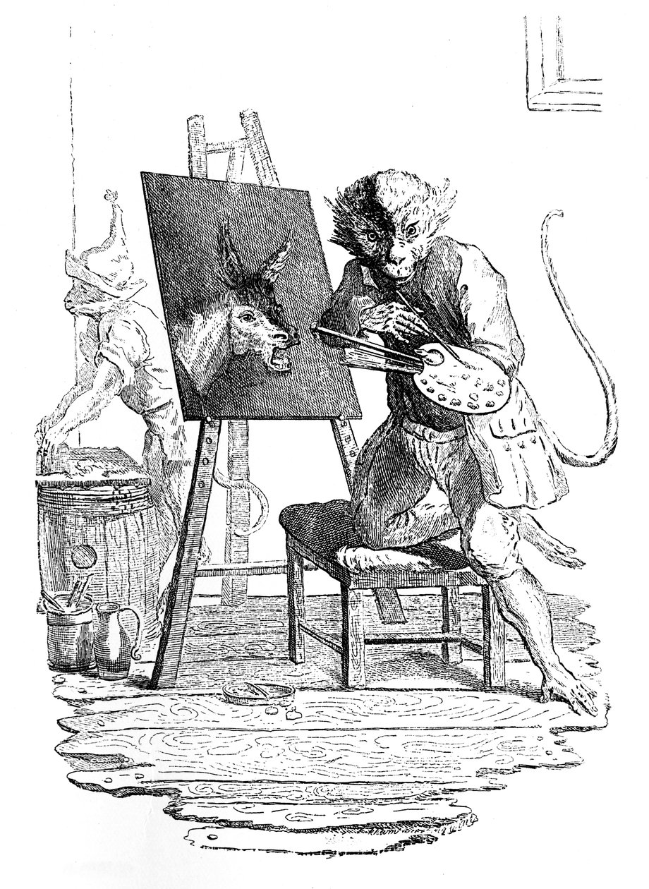 Egy majom szamarat fest, 1753. alkotó: George Bickham
