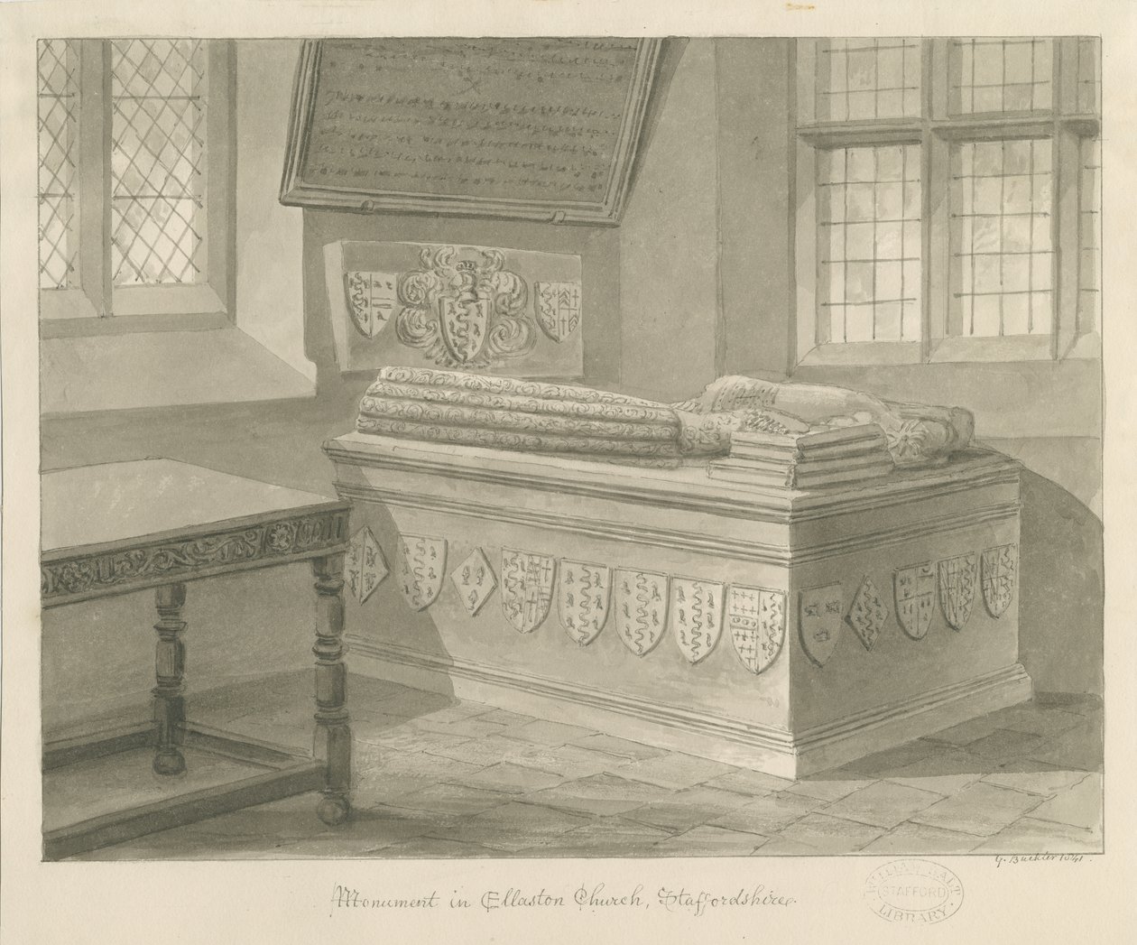 Ellastone templom - Sir John Fleetwood emlékműve: szépia rajz, 1841 alkotó: George Buckler