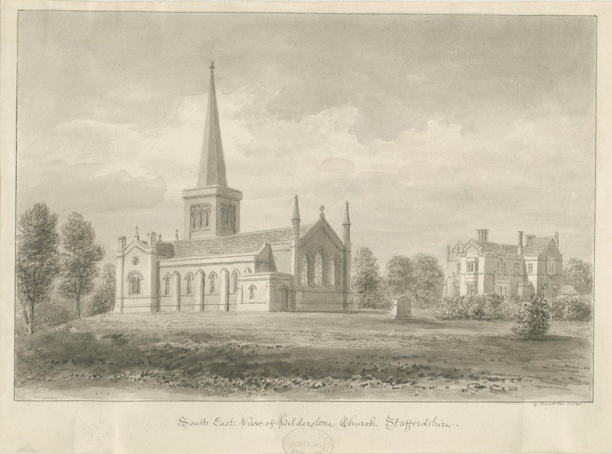 Hilderstone templom: szépia rajz, 1841 alkotó: George Buckler