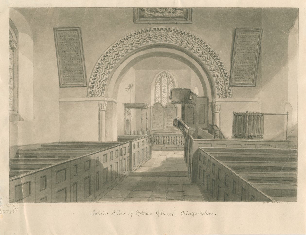 Stowe templom belseje: szépia mosás rajz alkotó: George Buckler