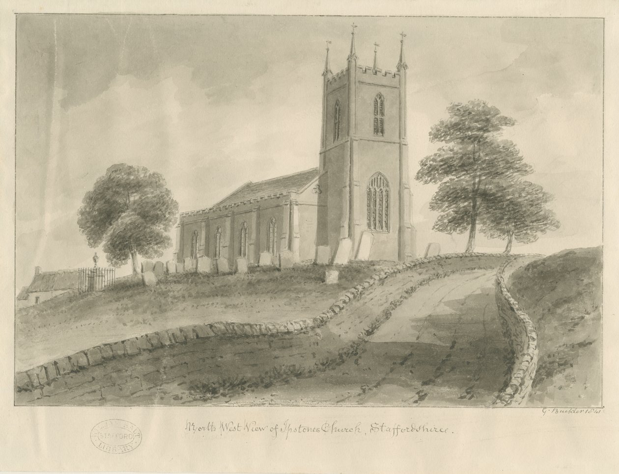 Ipstones templom: szépia rajz alkotó: George Buckler